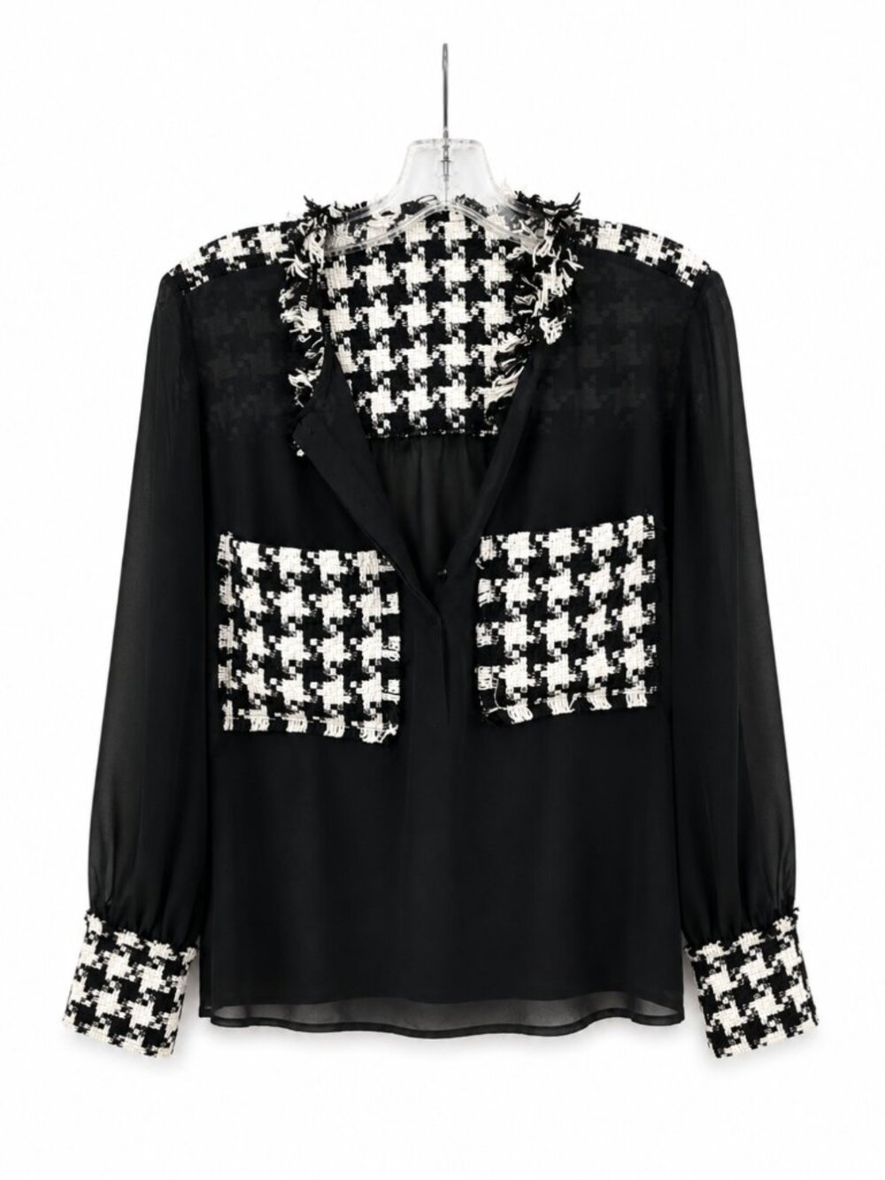 Zara Semi-Sheer Black Chiffon Houndstooth Tweed Combined Blouse SZ L